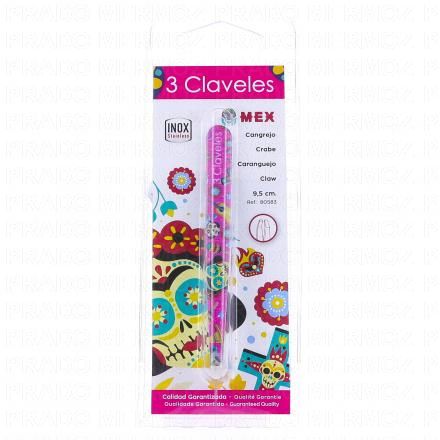 3 CLAVELES Pince à épiler crabe en inox 9,5 cm (motif mex rose)
