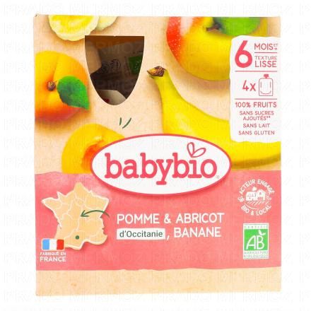 BABYBIO Fruits - Gourde pommes, abricots, banane d&egrave;s 6 mois 4x90g