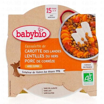 BABYBIO Repas du Midi - Plat carotte des Landes, lentilles du Gers, porc de Corr&egrave;ze avec Cumin