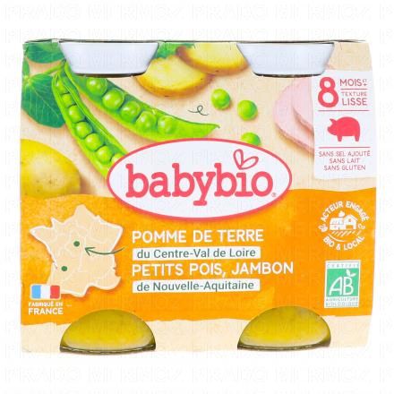 BABYBIO Repas du Midi - Petits pots Pomme de terre, Petits Pois et Jambon 2x200g d&egrave;s 8mois