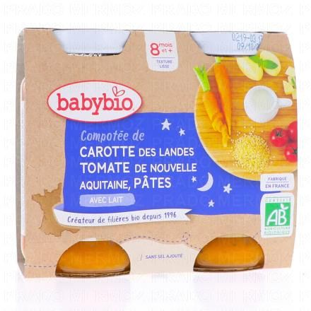 BABYBIO Repas du Soir - Petits pots Compot&eacute;e de carottes des Landes, tomates, p&acirc;tes d&egrave;s 8 mois 2x200g