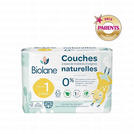 BIOLANE Couches naturelles z&eacute;ro fuites 12h (taille 1 - 2&agrave;5kg x28 couches)