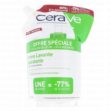 CERAVE Cr&egrave;me lavante hydratante peaux normales &agrave; s&egrave;ches (lot cr&egrave;me lavante 473ml + eco recharge 473ml)