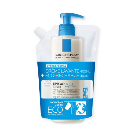 LA ROCHE-POSAY Lipikar Syndet AP+ Cr&egrave;me lavante relipidante (flacon pompe 400ml + eco recharge 400ml)