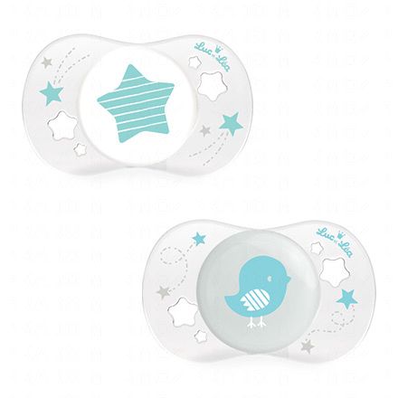 LUC ET LEA Sucette silicone sym&eacute;trique 0-2mois Etoile / Oiseau